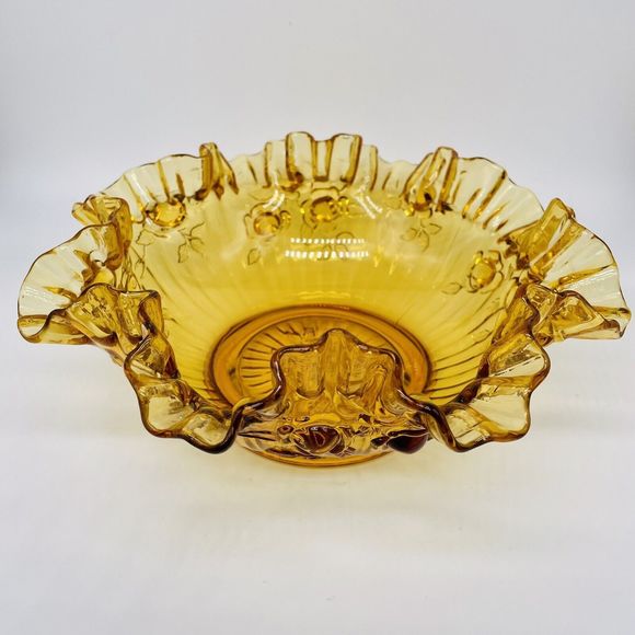 Vintage Fenton Cabbage Rose Amber Glass Candy Bowl 9” Diameter Mint Condition - Picture 2 of 6